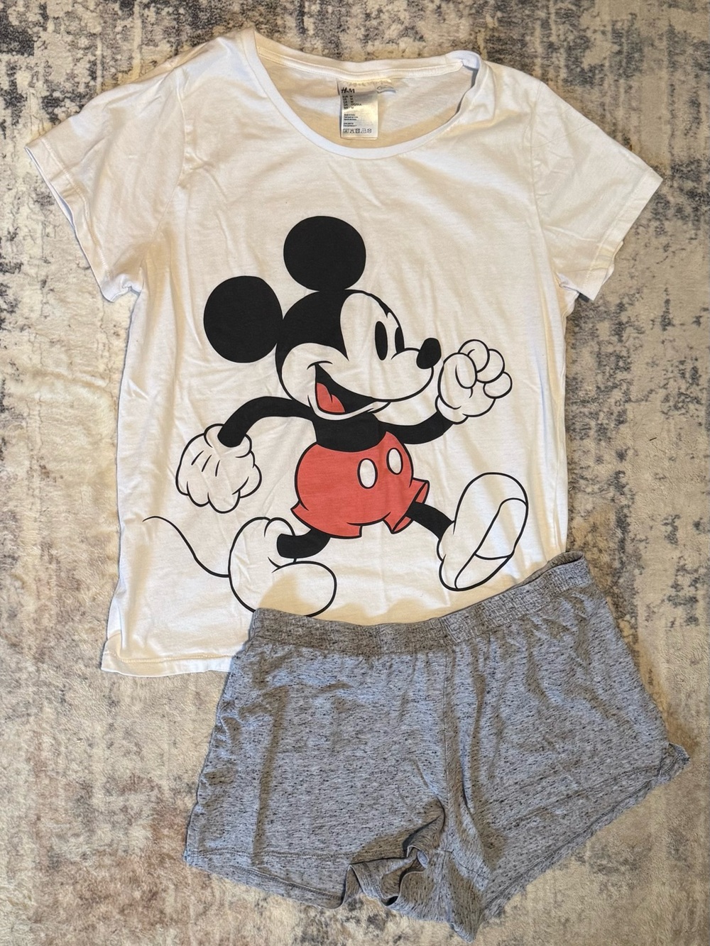 H&M Disney White Mickey Mouse Top with Red & Black Graphic & Shorts Pajama Set